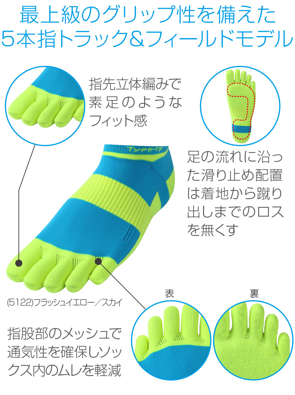 着地から蹴り出しまで抜群のグリップ力を発揮するトラック&フィールドモデル。指股メッシュで汗ムレも軽減