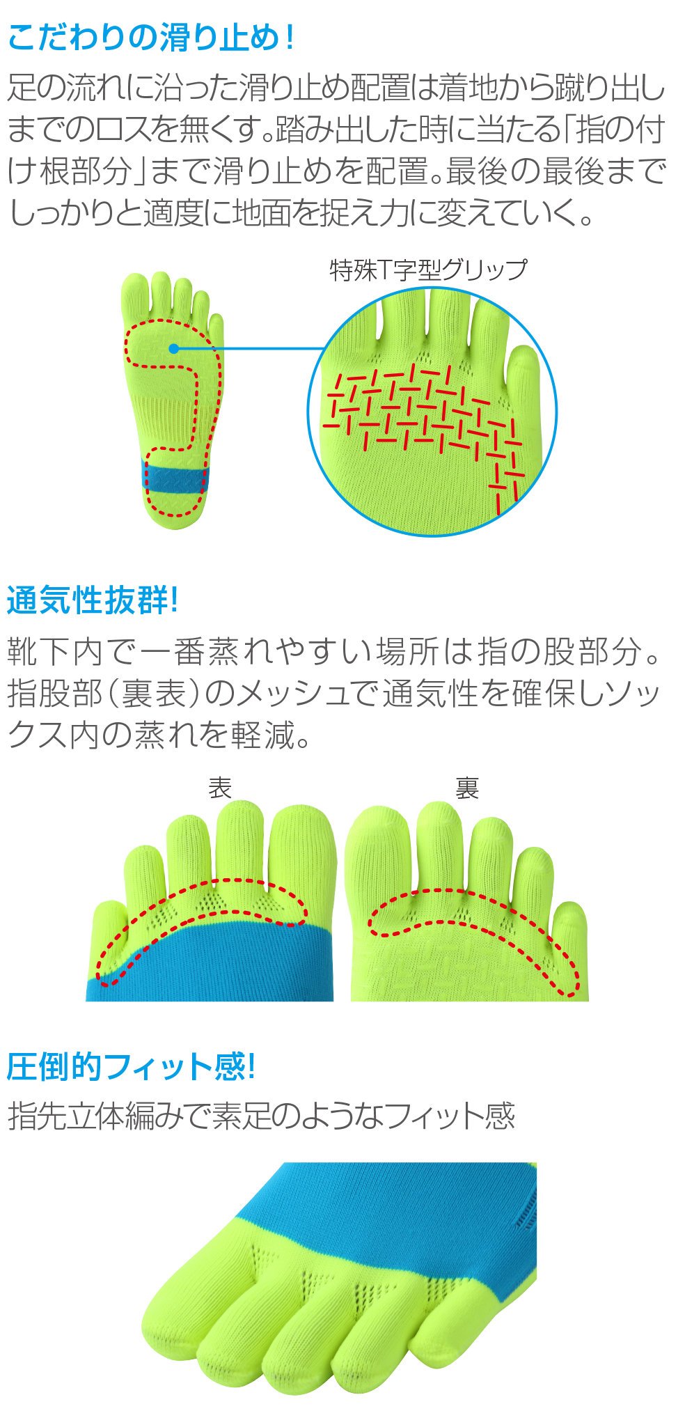 着地から蹴り出しまで抜群のグリップ力を発揮するトラック&フィールドモデル。指股メッシュで汗ムレも軽減