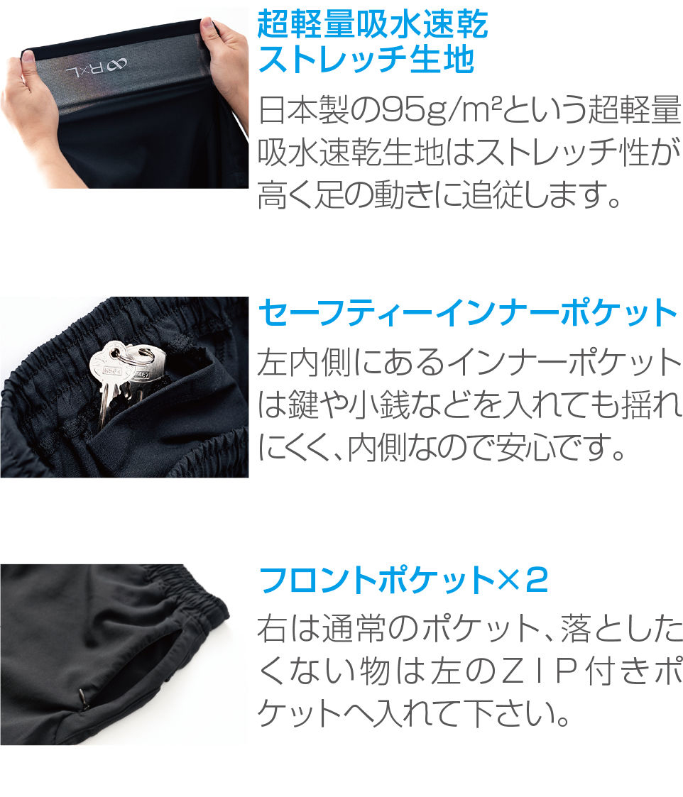 6ポケットボックスパンツ機能①超軽量吸水速乾ストレッチ生地②セーフティーインナーポケット③フロントポケット×2④股下 4WAY ピンメッシュドライ