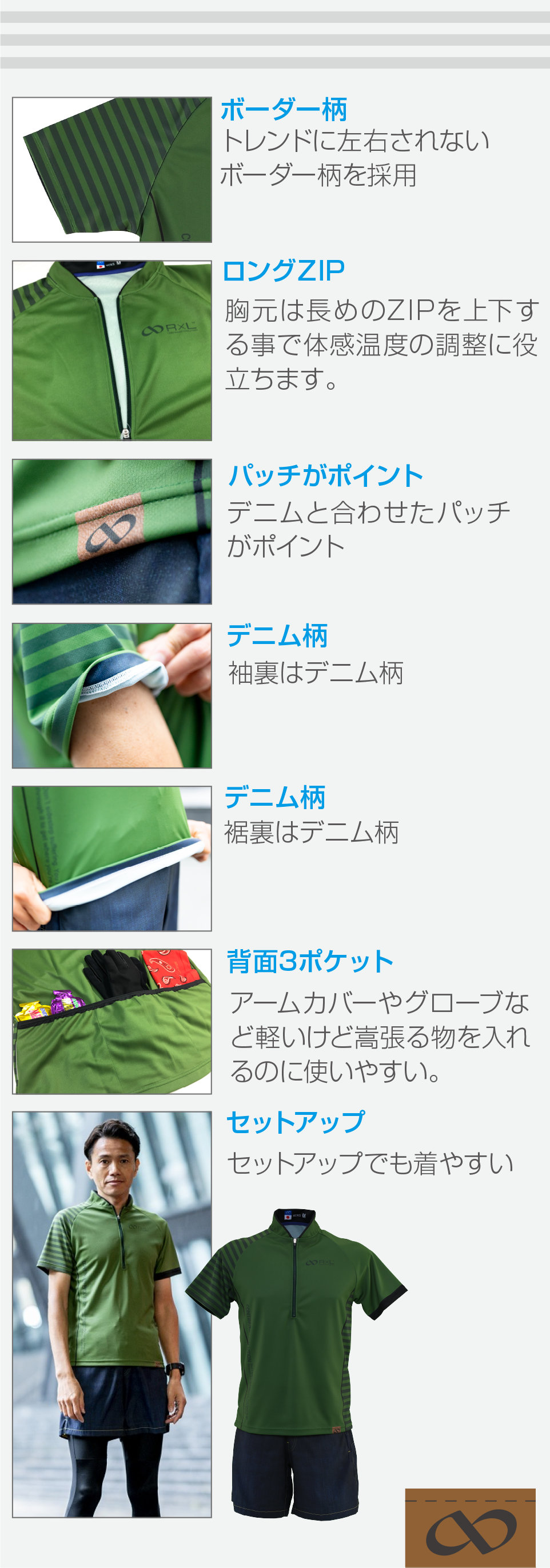 6ポケットボックスパンツ機能①超軽量吸水速乾ストレッチ生地②セーフティーインナーポケット③フロントポケット×2④股下 4WAY ピンメッシュドライ