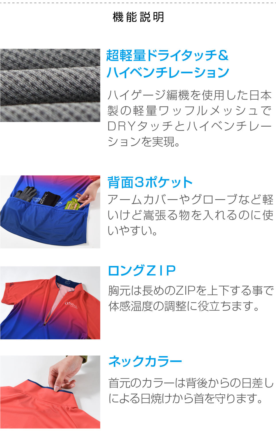 TRS1005Hの機能説明 超軽量ドライタッチ&ハイベンチレーション 背面3ポケット ロングZIP