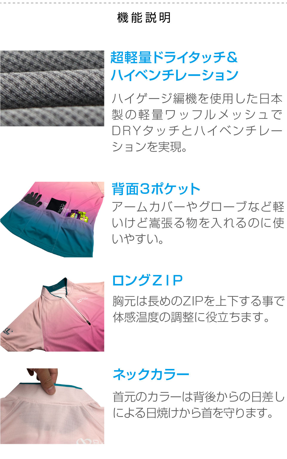 TRS5005Hの機能説明 超軽量ドライタッチ&ハイベンチレーション 背面3ポケット ロングZIP